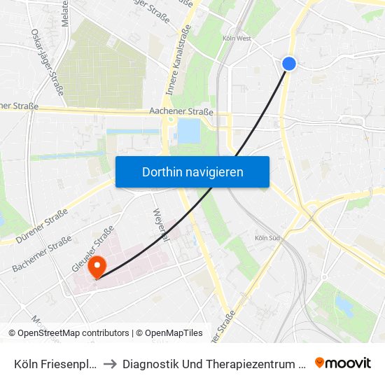 Köln Friesenplatz to Diagnostik Und Therapiezentrum West map