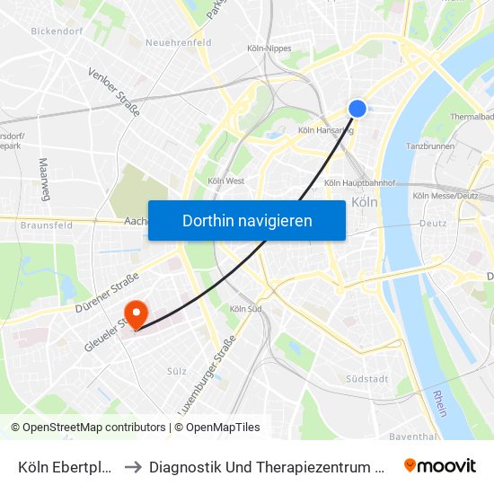 Köln Ebertplatz to Diagnostik Und Therapiezentrum West map