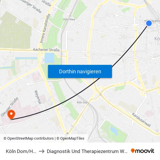 Köln Dom/Hbf to Diagnostik Und Therapiezentrum West map