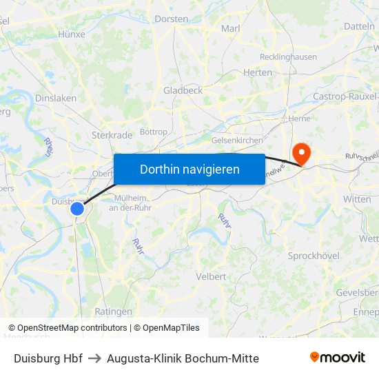 Duisburg Hbf to Augusta-Klinik Bochum-Mitte map
