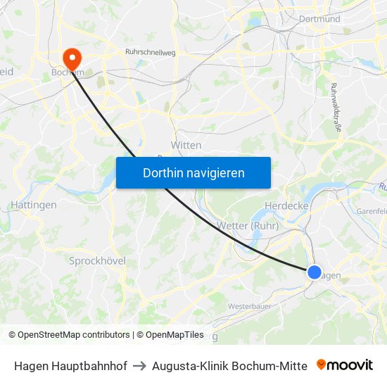 Hagen Hauptbahnhof to Augusta-Klinik Bochum-Mitte map