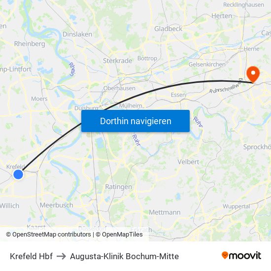 Krefeld Hbf to Augusta-Klinik Bochum-Mitte map