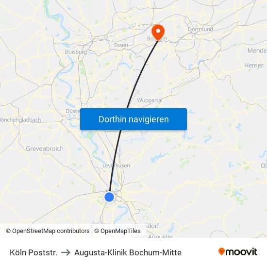 Köln Poststr. to Augusta-Klinik Bochum-Mitte map