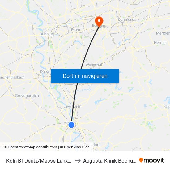 Köln Bf Deutz/Messe Lanxess Arena to Augusta-Klinik Bochum-Mitte map
