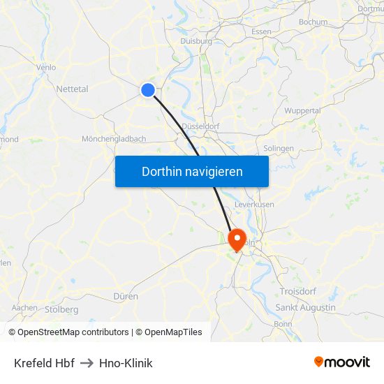 Krefeld Hbf to Hno-Klinik map