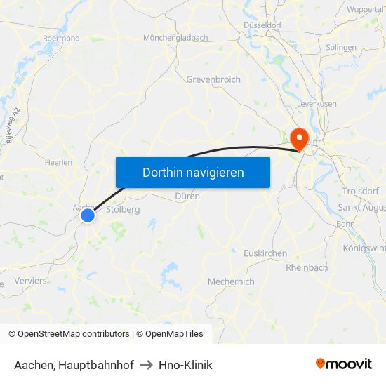 Aachen, Hauptbahnhof to Hno-Klinik map