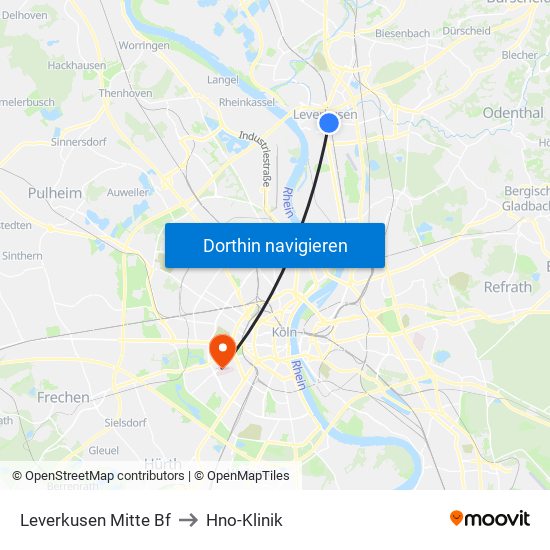 Leverkusen Mitte Bf to Hno-Klinik map