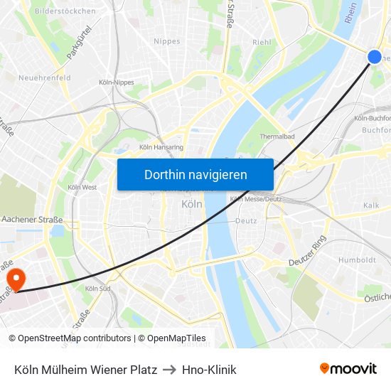 Köln Mülheim Wiener Platz to Hno-Klinik map