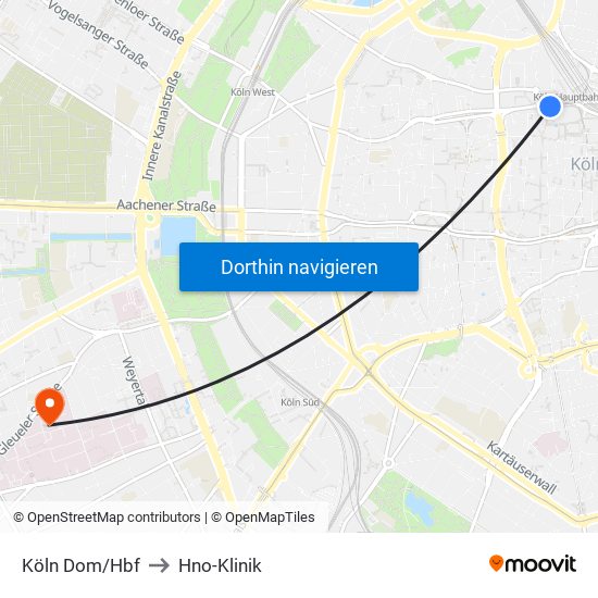 Köln Dom/Hbf to Hno-Klinik map