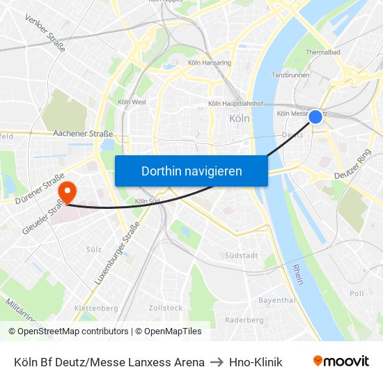 Köln Bf Deutz/Messe Lanxess Arena to Hno-Klinik map