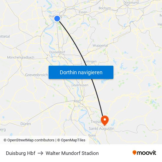 Duisburg Hbf to Walter Mundorf Stadion map