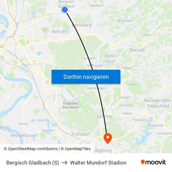 Bergisch Gladbach (S) to Walter Mundorf Stadion map