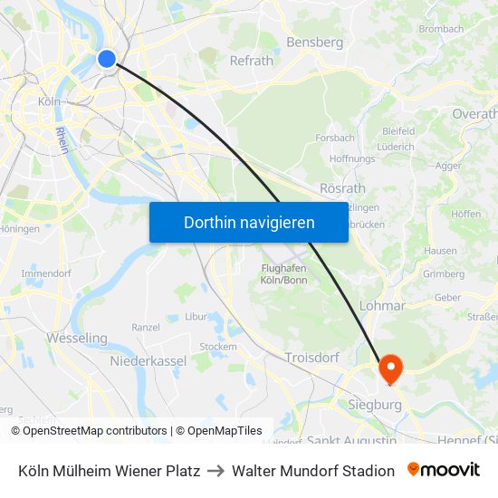 Köln Mülheim Wiener Platz to Walter Mundorf Stadion map