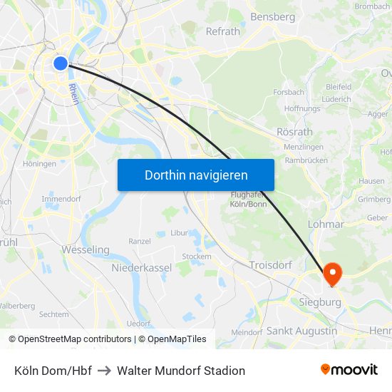 Köln Dom/Hbf to Walter Mundorf Stadion map