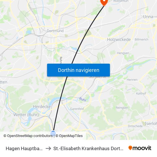 Hagen Hauptbahnhof to St.-Elisabeth Krankenhaus Dortmund-Kurl map