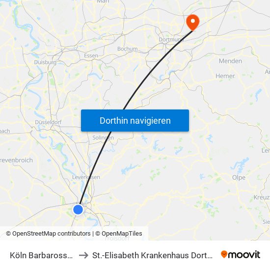 Köln Barbarossaplatz to St.-Elisabeth Krankenhaus Dortmund-Kurl map