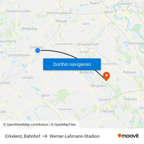 Erkelenz, Bahnhof to Werner-Lehmann-Stadion map