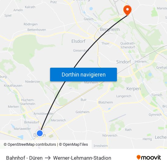 Bahnhof - Düren to Werner-Lehmann-Stadion map