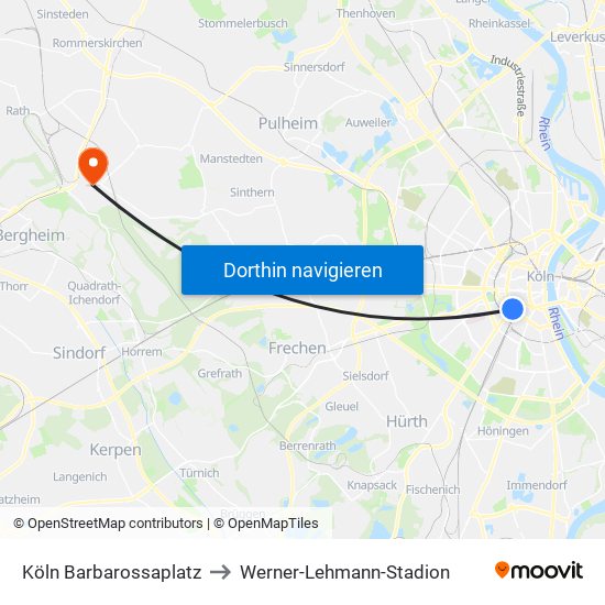 Köln Barbarossaplatz to Werner-Lehmann-Stadion map