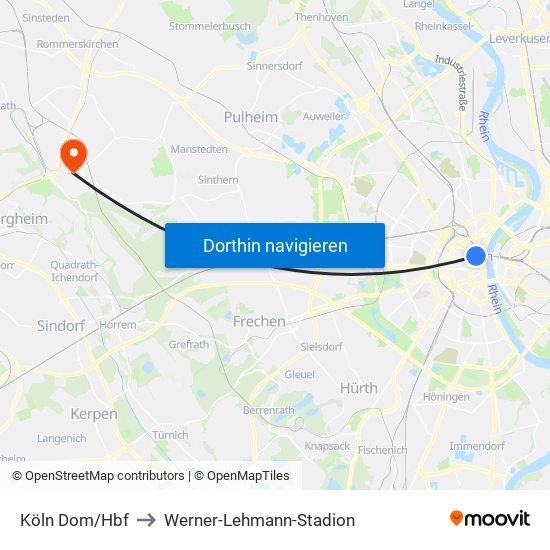 Köln Dom/Hbf to Werner-Lehmann-Stadion map