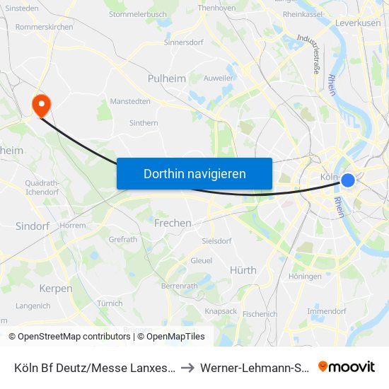 Köln Bf Deutz/Messe Lanxess Arena to Werner-Lehmann-Stadion map