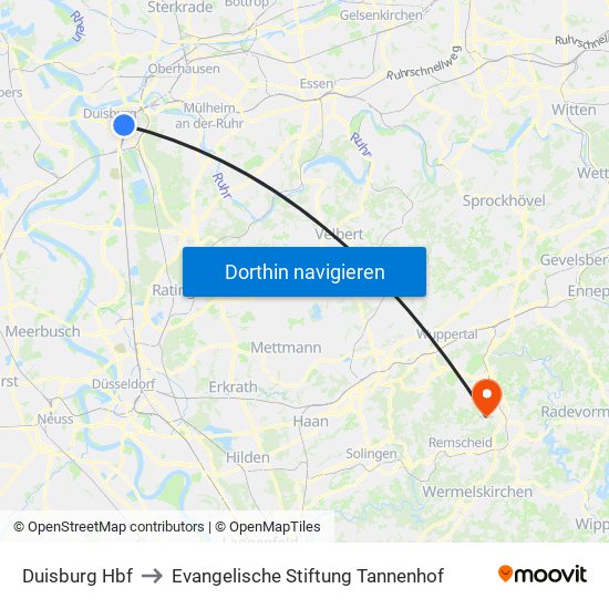 Duisburg Hbf to Evangelische Stiftung Tannenhof map