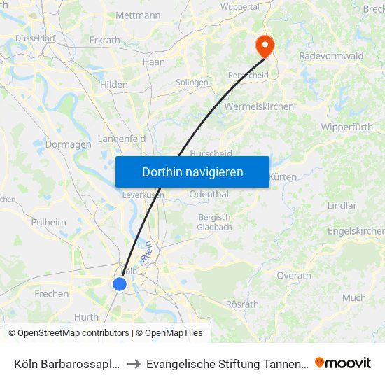 Köln Barbarossaplatz to Evangelische Stiftung Tannenhof map