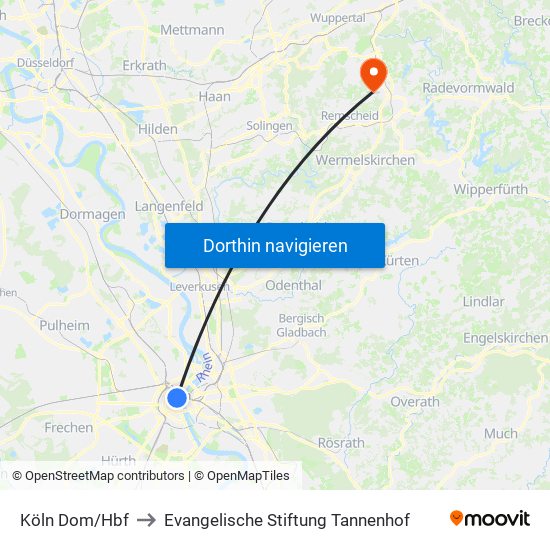 Köln Dom/Hbf to Evangelische Stiftung Tannenhof map