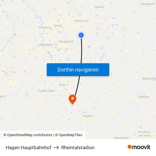 Hagen Hauptbahnhof to Rheintalstadion map