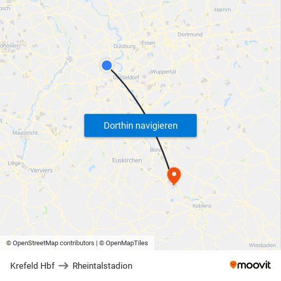 Krefeld Hbf to Rheintalstadion map