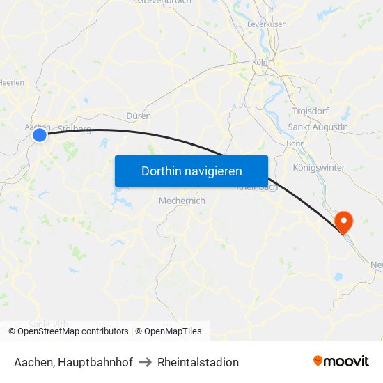 Aachen, Hauptbahnhof to Rheintalstadion map