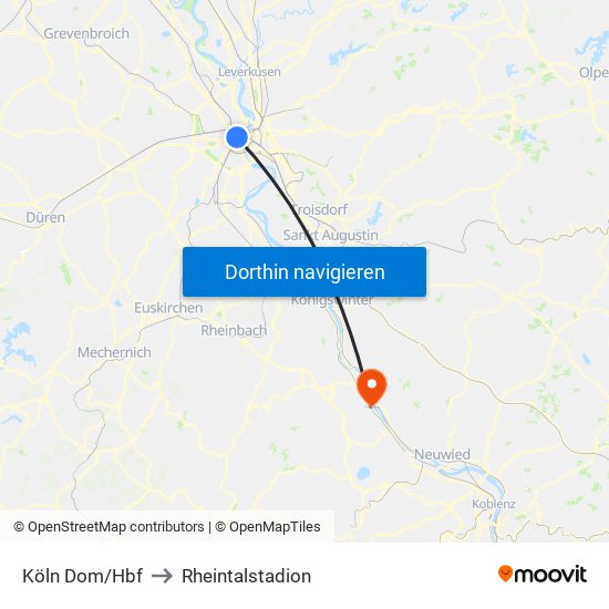 Köln Dom/Hbf to Rheintalstadion map