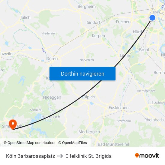 Köln Barbarossaplatz to Eifelklinik St. Brigida map