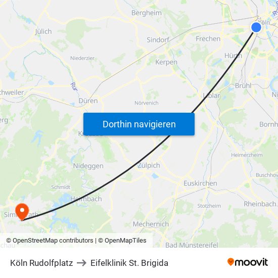 Köln Rudolfplatz to Eifelklinik St. Brigida map