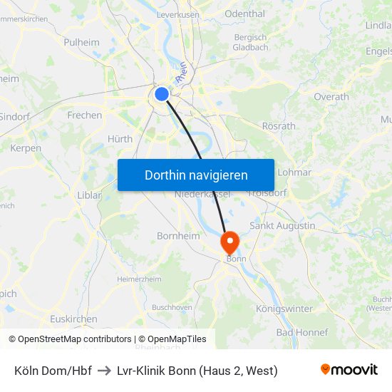 Köln Dom/Hbf to Lvr-Klinik Bonn (Haus 2, West) map