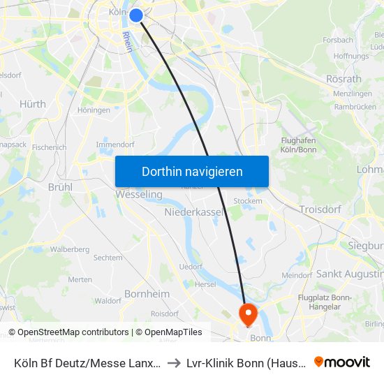 Köln Bf Deutz/Messe Lanxess Arena to Lvr-Klinik Bonn (Haus 2, West) map