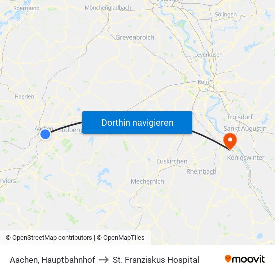 Aachen, Hauptbahnhof to St. Franziskus Hospital map