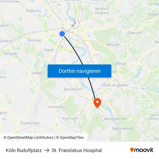 Köln Rudolfplatz to St. Franziskus Hospital map