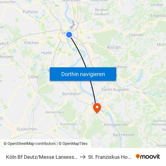 Köln Bf Deutz/Messe Lanxess Arena to St. Franziskus Hospital map