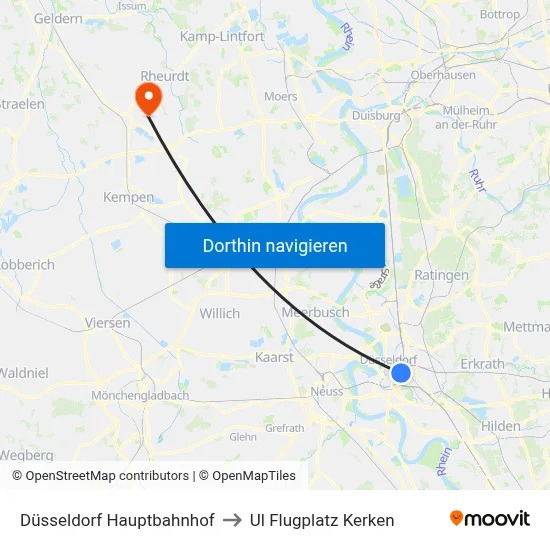 Düsseldorf Hauptbahnhof to Ul Flugplatz Kerken map
