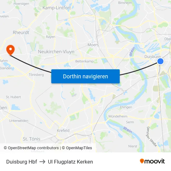 Duisburg Hbf to Ul Flugplatz Kerken map