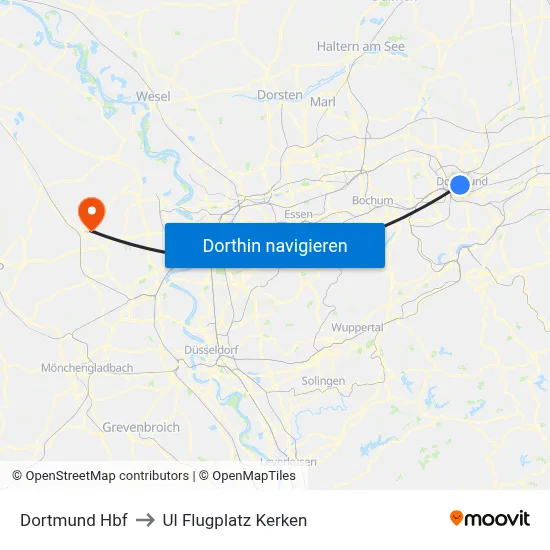 Dortmund Hbf to Ul Flugplatz Kerken map