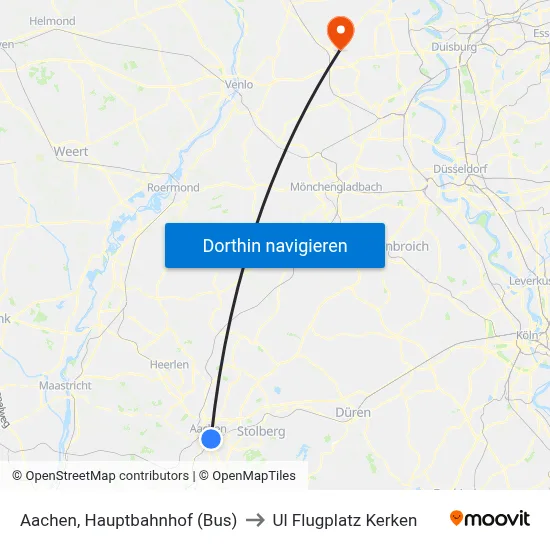 Aachen, Hauptbahnhof (Bus) to Ul Flugplatz Kerken map