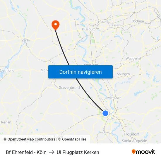 Bf Ehrenfeld - Köln to Ul Flugplatz Kerken map
