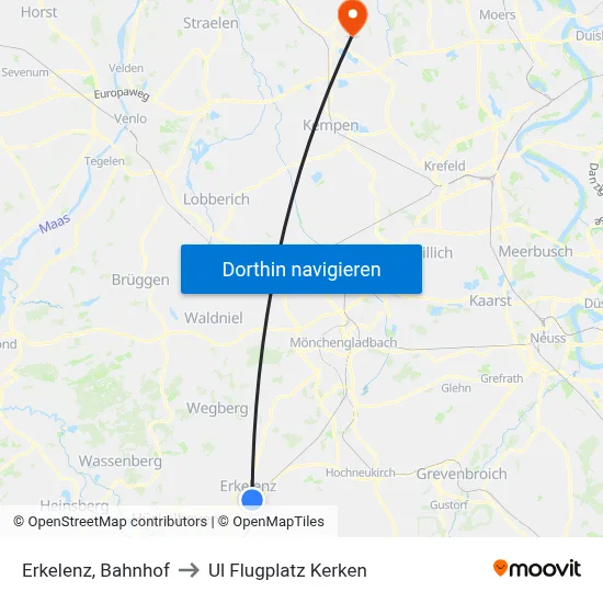 Erkelenz, Bahnhof to Ul Flugplatz Kerken map