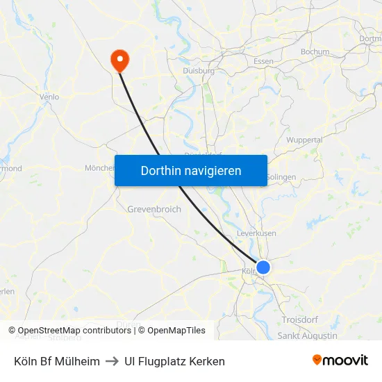 Köln Bf Mülheim to Ul Flugplatz Kerken map