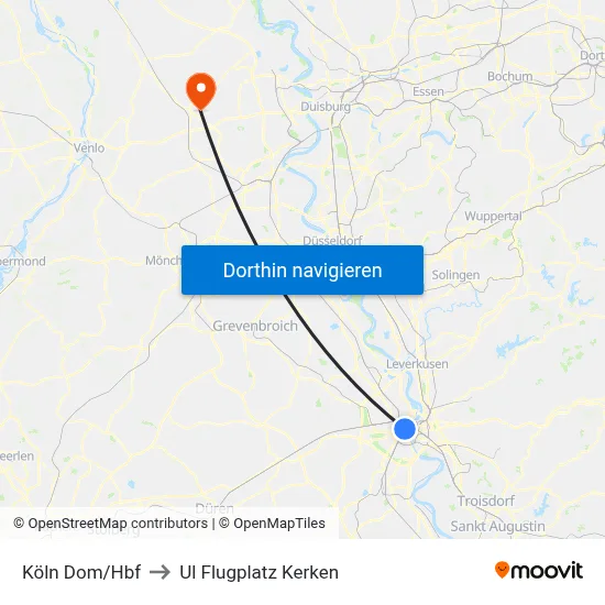 Köln Dom/Hbf to Ul Flugplatz Kerken map