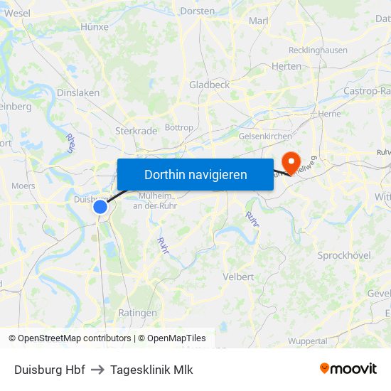 Duisburg Hbf to Tagesklinik Mlk map