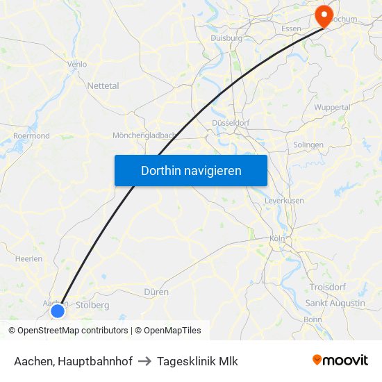 Aachen, Hauptbahnhof to Tagesklinik Mlk map