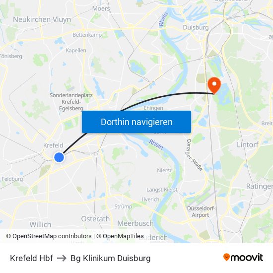 Krefeld Hbf to Bg Klinikum Duisburg map